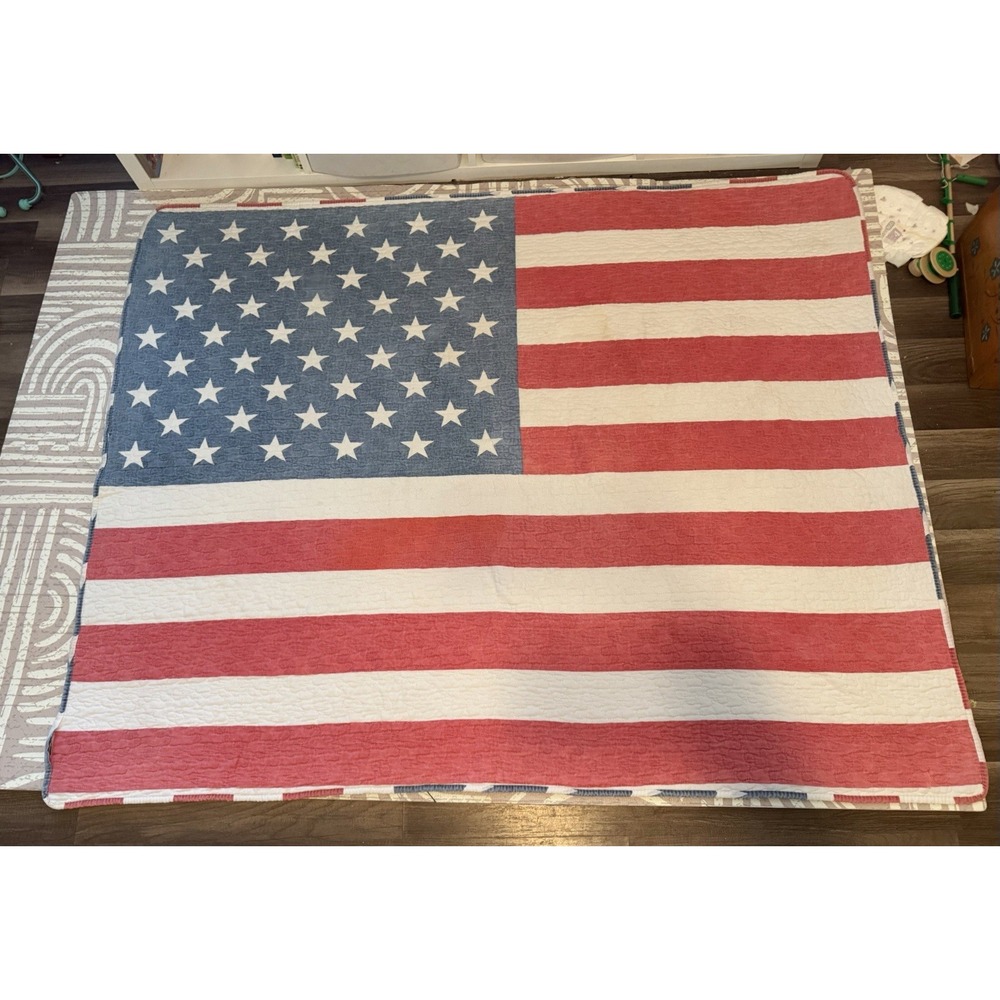 Vintage Handmaid American Flag Quilt Throw Size Patriotic Sherpa Backing